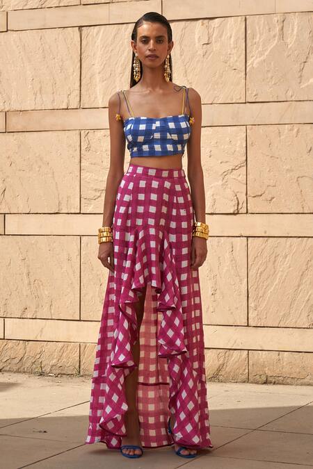 Aapro Blue Cotton Sweetheart Neck Block Printed Bustier And Flared Skirt Set Online at Aza Fashions Aapro_Blue Cotton Sweetheart Neck Block Printed Bustier And Flared Skirt Set _Online_at_Aza_Fashions