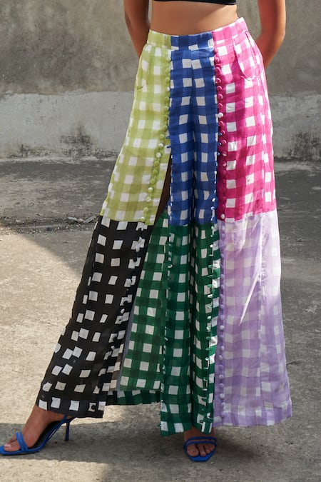 Aapro Black Cotton V-neck Multi Color Checkered Bustier And Pant Set Online at Aza Fashions Aapro_Black Cotton V-neck Multi Color Checkered Bustier And Pant Set _Online_at_Aza_Fashions