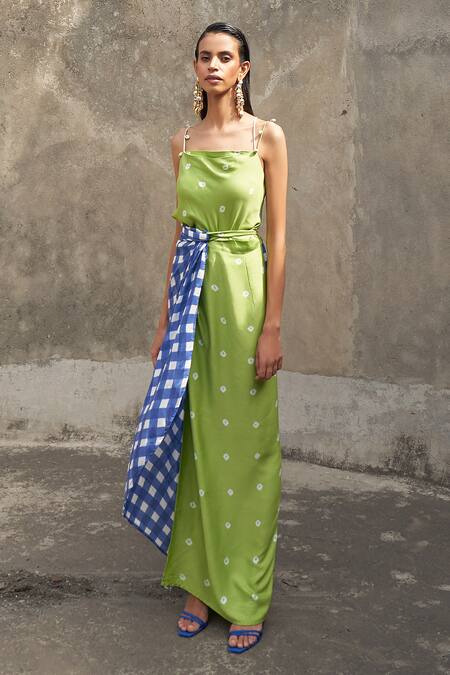 Buy_Aapro_Green Cotton Satin, Silk Embroidery Cowl Paloma Block Print Slit Dress With Wrap_Online_at_Aza_Fashions
