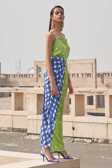 Shop_Aapro_Green Cotton Satin, Silk Embroidery Cowl Paloma Block Print Slit Dress With Wrap_Online_at_Aza_Fashions