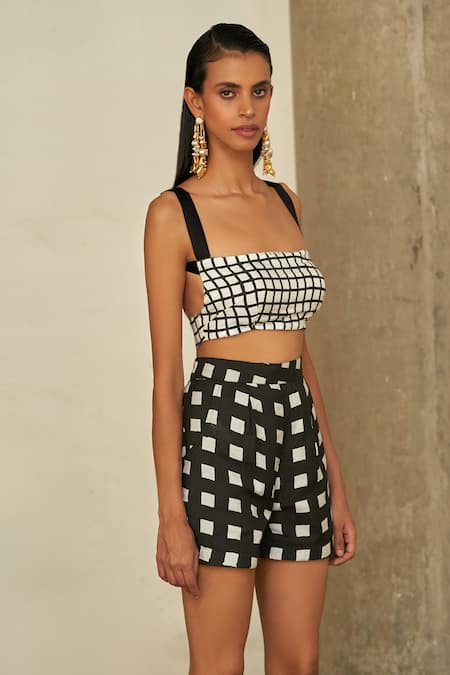 Aapro Black Cotton Collared, Square Neck Block Printed Shirt And Bustier Set Online at Aza Fashions Aapro_Black Cotton Collared, Square Neck Block Printed Shirt And Bustier Set _Online_at_Aza_Fashions