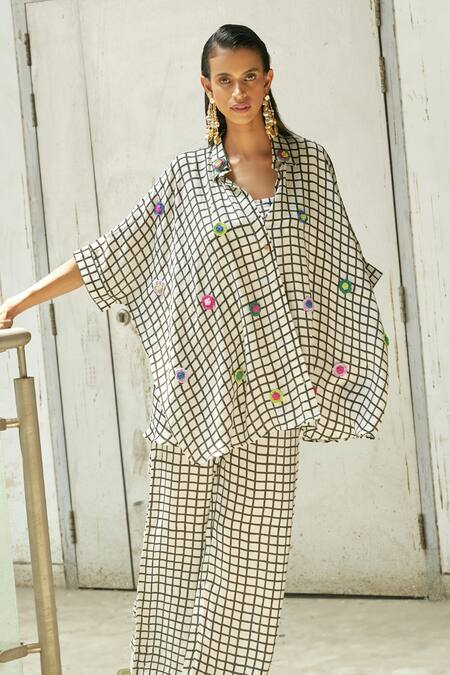 Aapro_Black Silk Embroidery Collared Laurel Block Print Shirt And Pant Set_Online_at_Aza_Fashions