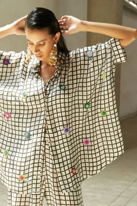 Shop_Aapro_Black Silk Embroidery Collared Laurel Block Print Shirt And Pant Set_Online_at_Aza_Fashions