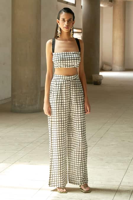 Aapro Black Silk Square Neck Vera Block Print Bustier And Pant Set 