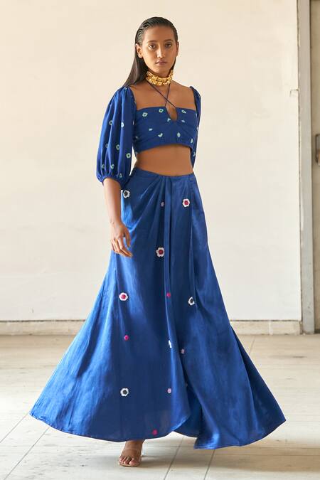 Aapro_Blue Silk Square Neck Maya Bandhej Print Top And Skirt Set_Online_at_Aza_Fashions