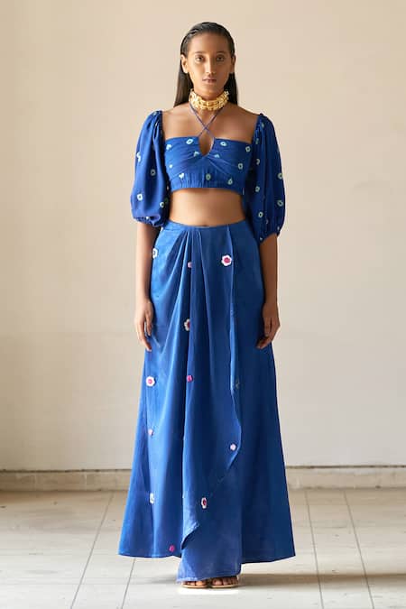 Shop_Aapro_Blue Silk Square Neck Maya Bandhej Print Top And Skirt Set_Online_at_Aza_Fashions