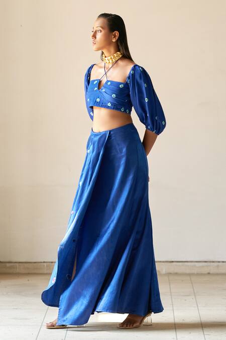 Aapro_Blue Silk Square Neck Maya Bandhej Print Top And Skirt Set_at_Aza_Fashions