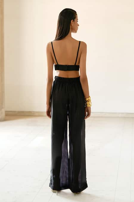 Shop Aapro Black Cotton Fabric Flowers V-neck Checkered Bustier And Pant Set at Aza Fashions Shop_Aapro_Black Cotton Fabric Flowers V-neck Checkered Bustier And Pant Set _at_Aza_Fashions