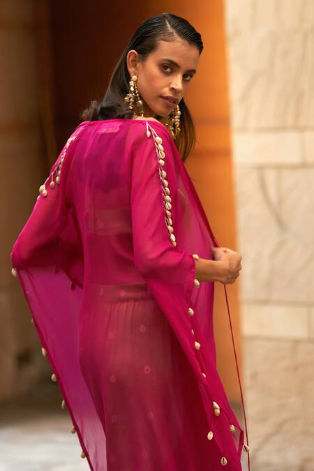 Shop Aapro Green Modal, Georgette Eraya Bandhej Print Pant Set With Magenta Kaftan at Aza Fashions Shop_Aapro_Green Modal, Georgette Eraya Bandhej Print Pant Set With Magenta Kaftan_at_Aza_Fashions