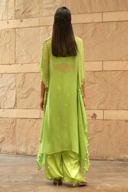 Shop Aapro Green Modal, Satin, Georgette Square Sora Bandhej Print Pant Set With Kaftan at Aza Fashions Shop_Aapro_Green Modal, Satin, Georgette Square Sora Bandhej Print Pant Set With Kaftan_at_Aza_Fashions