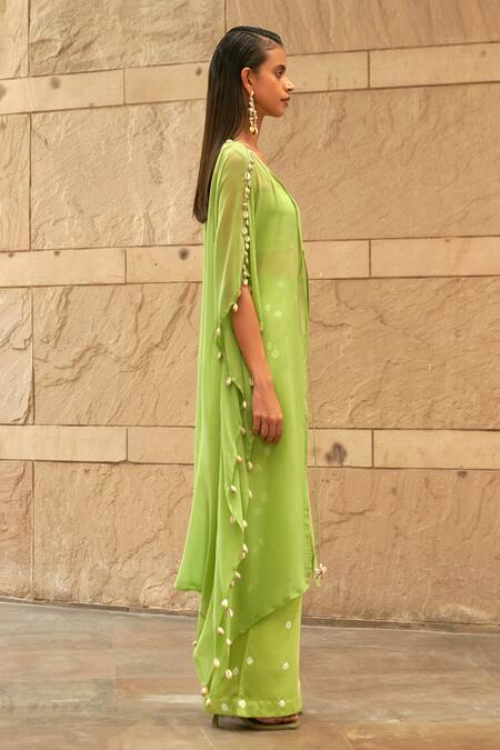 Aapro Green Modal, Satin, Georgette Square Sora Bandhej Print Pant Set With Kaftan Online at Aza Fashions Aapro_Green Modal, Satin, Georgette Square Sora Bandhej Print Pant Set With Kaftan_Online_at_Aza_Fashions