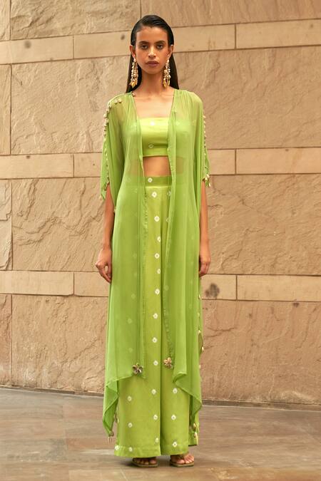 Shop Aapro Green Modal, Satin, Georgette Square Sora Bandhej Print Pant Set With Kaftan Online at Aza Fashions Shop_Aapro_Green Modal, Satin, Georgette Square Sora Bandhej Print Pant Set With Kaftan_Online_at_Aza_Fashions