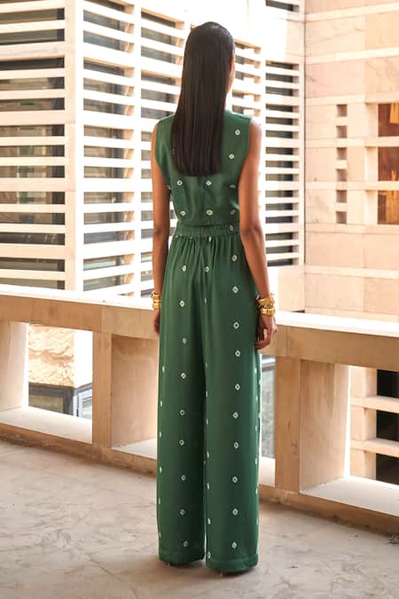Shop Aapro Green Modal, Satin Embroidery Stella Bandej Sleeveless Waistcoat And Pant Set at Aza Fashions Shop_Aapro_Green Modal, Satin Embroidery Stella Bandej Sleeveless Waistcoat And Pant Set _at_Aza_Fashions