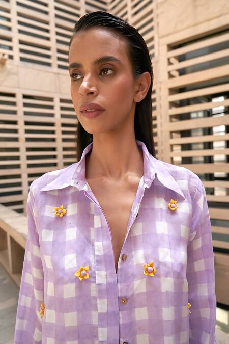Shop Aapro Purple Cotton Applique Shawl Neck, Collared, Checkered Shirt And Shorts Set Online at Aza Fashions Shop_Aapro_Purple Cotton Applique Shawl Neck, Collared, Checkered Shirt And Shorts Set _Online_at_Aza_Fashions