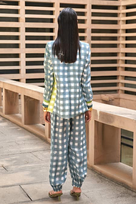 Shop Aapro Green Cotton Grey And Block Print Blazer Pant Set at Aza Fashions Shop_Aapro_Green Cotton Grey And Block Print Blazer Pant Set _at_Aza_Fashions