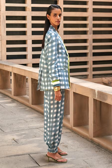 Buy Aapro Green Cotton Grey And Block Print Blazer Pant Set Online at Aza Fashions Buy_Aapro_Green Cotton Grey And Block Print Blazer Pant Set _Online_at_Aza_Fashions