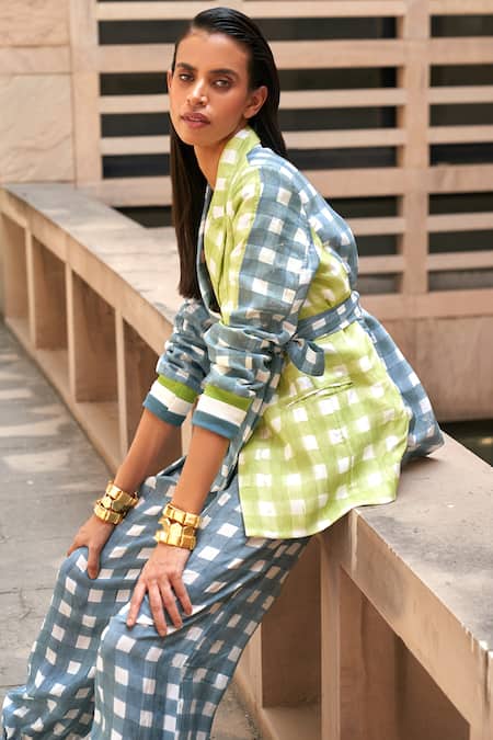 Shop Aapro Green Cotton Grey And Block Print Blazer Pant Set Online at Aza Fashions Shop_Aapro_Green Cotton Grey And Block Print Blazer Pant Set _Online_at_Aza_Fashions