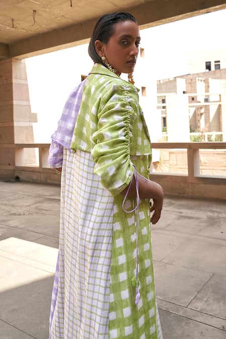 Aapro Green & Lavender Checkered Trench Coat Dress 