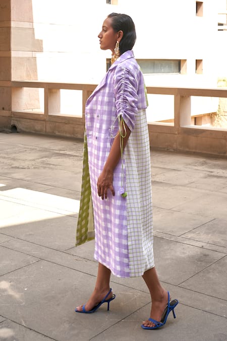 Buy_Aapro_Green Cotton, Velvet Collared And Lavender Checkered Trench Coat Dress _Online_at_Aza_Fashions