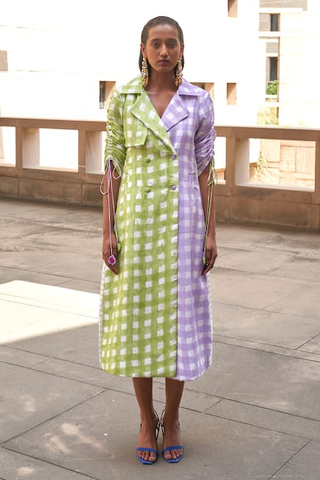 Shop_Aapro_Green Cotton, Velvet Collared And Lavender Checkered Trench Coat Dress _Online_at_Aza_Fashions