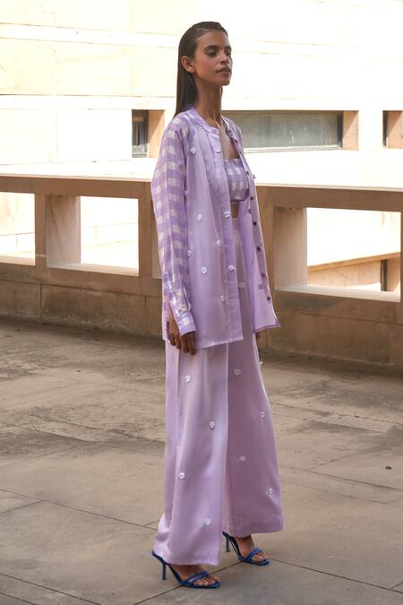 Aapro_Purple Modal, Satin Applique Mandarin Collar, Alena Floral Shirt And Pant Set _Online_at_Aza_Fashions