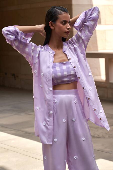 Buy_Aapro_Purple Modal, Satin Applique Mandarin Collar, Alena Floral Shirt And Pant Set _Online_at_Aza_Fashions