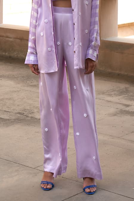Shop_Aapro_Purple Modal, Satin Applique Mandarin Collar, Alena Floral Shirt And Pant Set _Online_at_Aza_Fashions