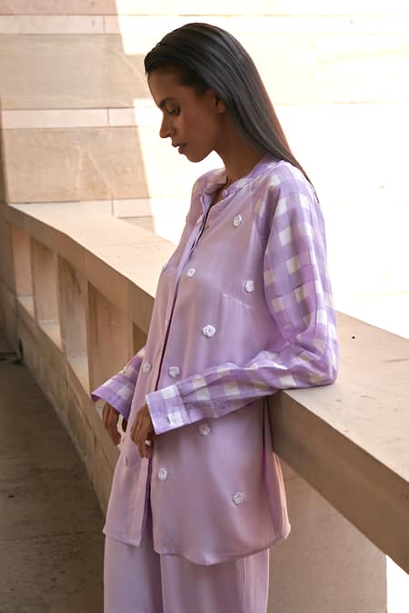 Aapro_Purple Modal, Satin, Silk Applique Mandarin Ukiyo Checkered Shirt And Pant Set _Online_at_Aza_Fashions