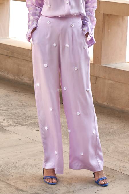 Buy_Aapro_Purple Modal, Satin, Silk Applique Mandarin Ukiyo Checkered Shirt And Pant Set _Online_at_Aza_Fashions