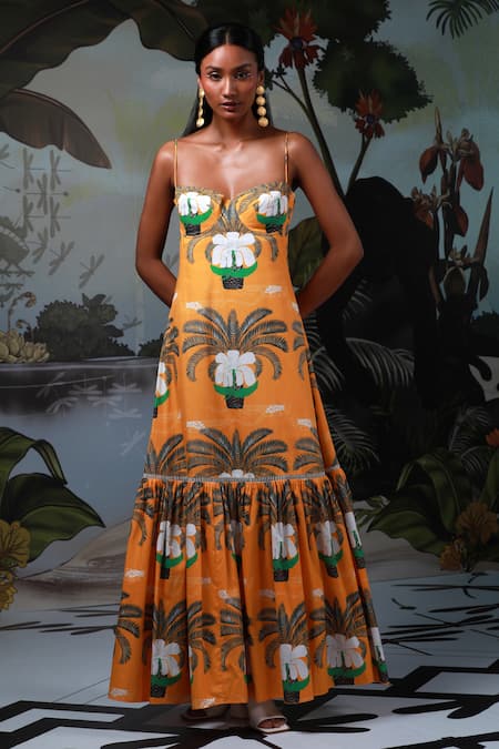 Buy Yellow 100% Cotton Print Palm Trees Sweetheart Burrawang Maxi Dress ...