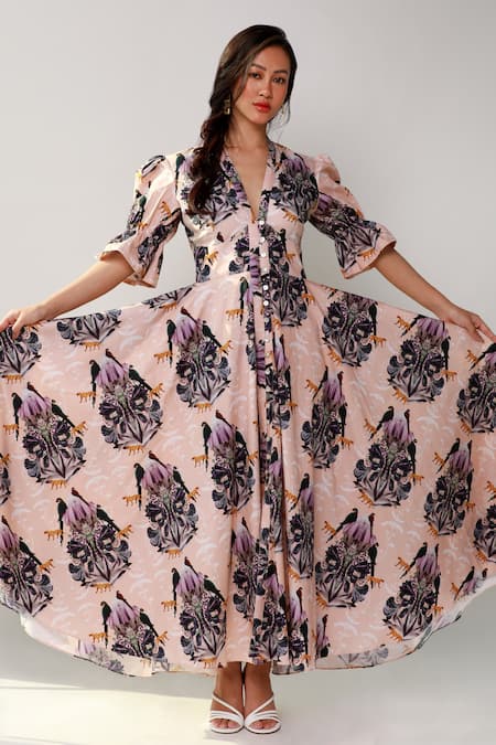 Ekastories Beige Cotton Embroidery V-neck Floral And Parrot Print Dress