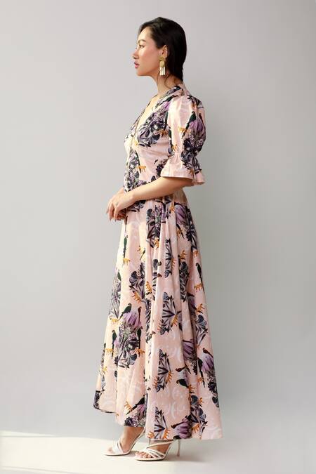 Ekastories_Beige Cotton Embroidery V-neck Floral And Parrot Print Dress_Online_at_Aza_Fashions