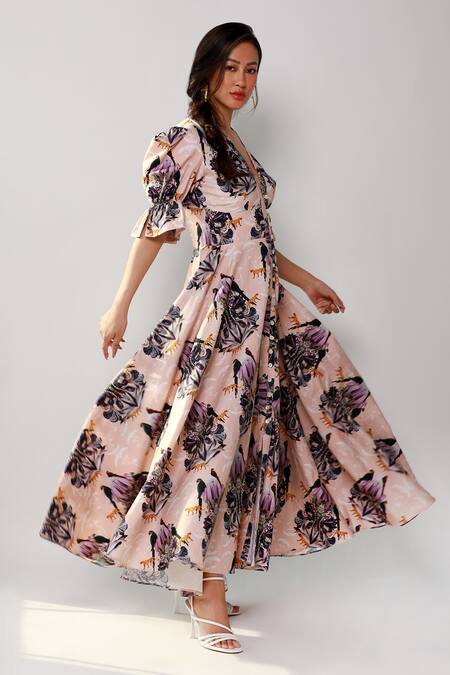 Buy_Ekastories_Beige Cotton Embroidery V-neck Floral And Parrot Print Dress_Online_at_Aza_Fashions