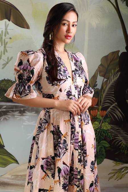 Ekastories_Beige Cotton Embroidery V-neck Floral And Parrot Print Dress_at_Aza_Fashions