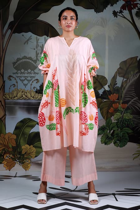 Shop_Ekastories_Peach 100% Mul Cotton Print Botanical Notched Neck Emmer Wheat Tunic With Pant _Online_at_Aza_Fashions