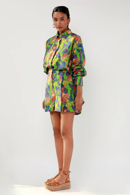 Buy Ekastories Green Cotton Collared Panther Print Shirt With Shorts Online at Aza Fashions Buy_Ekastories_Green Cotton Collared Panther Print Shirt With Shorts_Online_at_Aza_Fashions