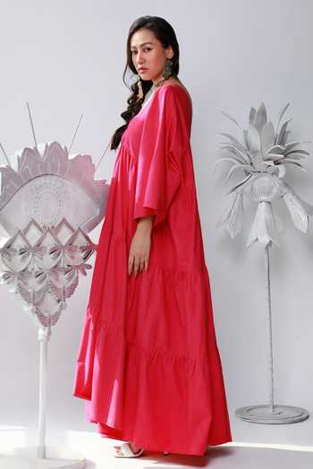 Ekastories_Pink Cotton V-neck Tiered Maxi Dress_Online_at_Aza_Fashions