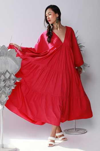 Buy_Ekastories_Pink Cotton V-neck Tiered Maxi Dress_Online_at_Aza_Fashions