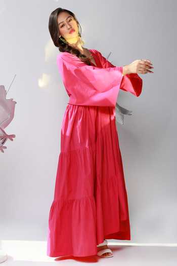 Shop_Ekastories_Pink Cotton V-neck Tiered Maxi Dress_Online_at_Aza_Fashions
