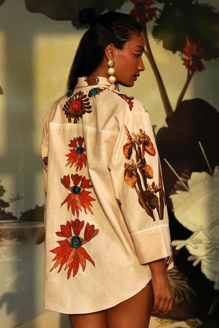 Shop Ekastories Beige Cotton Embroidery Collared Impressive Printed Shirt at Aza Fashions Shop_Ekastories_Beige Cotton Embroidery Collared Impressive Printed Shirt _at_Aza_Fashions