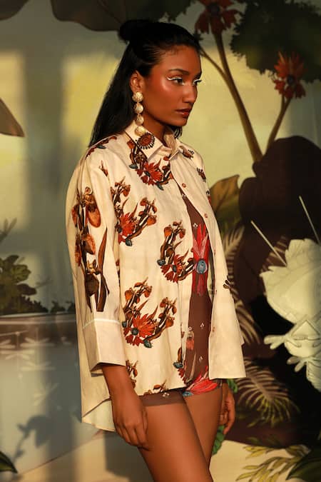 Ekastories Beige Cotton Embroidery Collared Impressive Printed Shirt Online at Aza Fashions Ekastories_Beige Cotton Embroidery Collared Impressive Printed Shirt _Online_at_Aza_Fashions