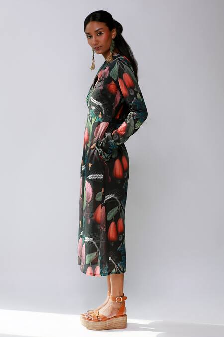 Shop_Ekastories_Black Cotton Round Neck Iris Wheat Printed Dress_Online_at_Aza_Fashions