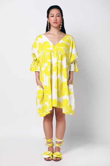 Shop_Ekastories_Green Cotton V-neck Sonder Floral Print Dress_Online_at_Aza_Fashions