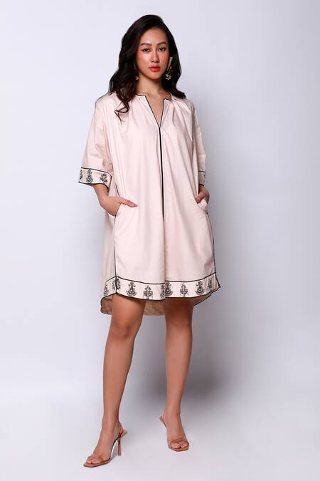 Ekastories_Beige Cotton Embroidery Open Neck Border Dress_Online_at_Aza_Fashions