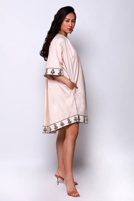 Buy_Ekastories_Beige Cotton Embroidery Open Neck Border Dress_Online_at_Aza_Fashions