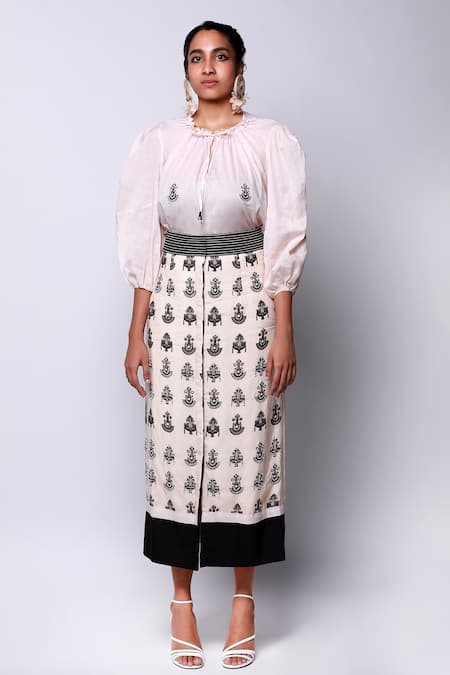 Ekastories Beige Cotton, Modal Embroidery Keyhole Neck Placement Top And Skirt Set Online at Aza Fashions Ekastories_Beige Cotton, Modal Embroidery Keyhole Neck Placement Top And Skirt Set_Online_at_Aza_Fashions