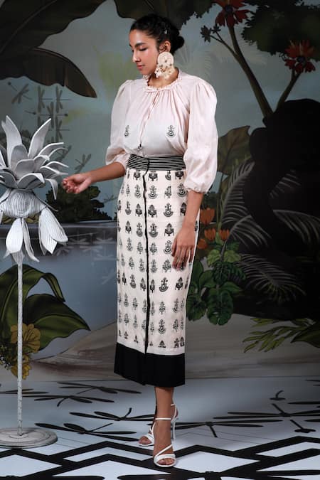 Ekastories Beige Cotton, Modal Embroidery Keyhole Neck Placement Top And Skirt Set at Aza Fashions Ekastories_Beige Cotton, Modal Embroidery Keyhole Neck Placement Top And Skirt Set_at_Aza_Fashions