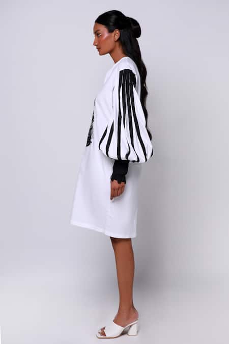 Shop Ekastories White Cotton Embroidery Mandarin Collar Durian Hexad Dress Online at Aza Fashions Shop_Ekastories_White Cotton Embroidery Mandarin Collar Durian Hexad Dress_Online_at_Aza_Fashions