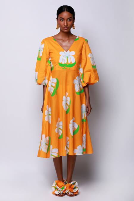 Ekastories_Orange Cotton V-neck Hawaiian Flower Print Dress_Online_at_Aza_Fashions