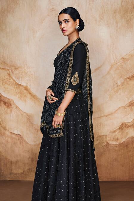 Buy_Label Varsha_Black Viscose Linen Satin Hand Embroidered And Bandhani Lehenga Blouse Set_Online_at_Aza_Fashions